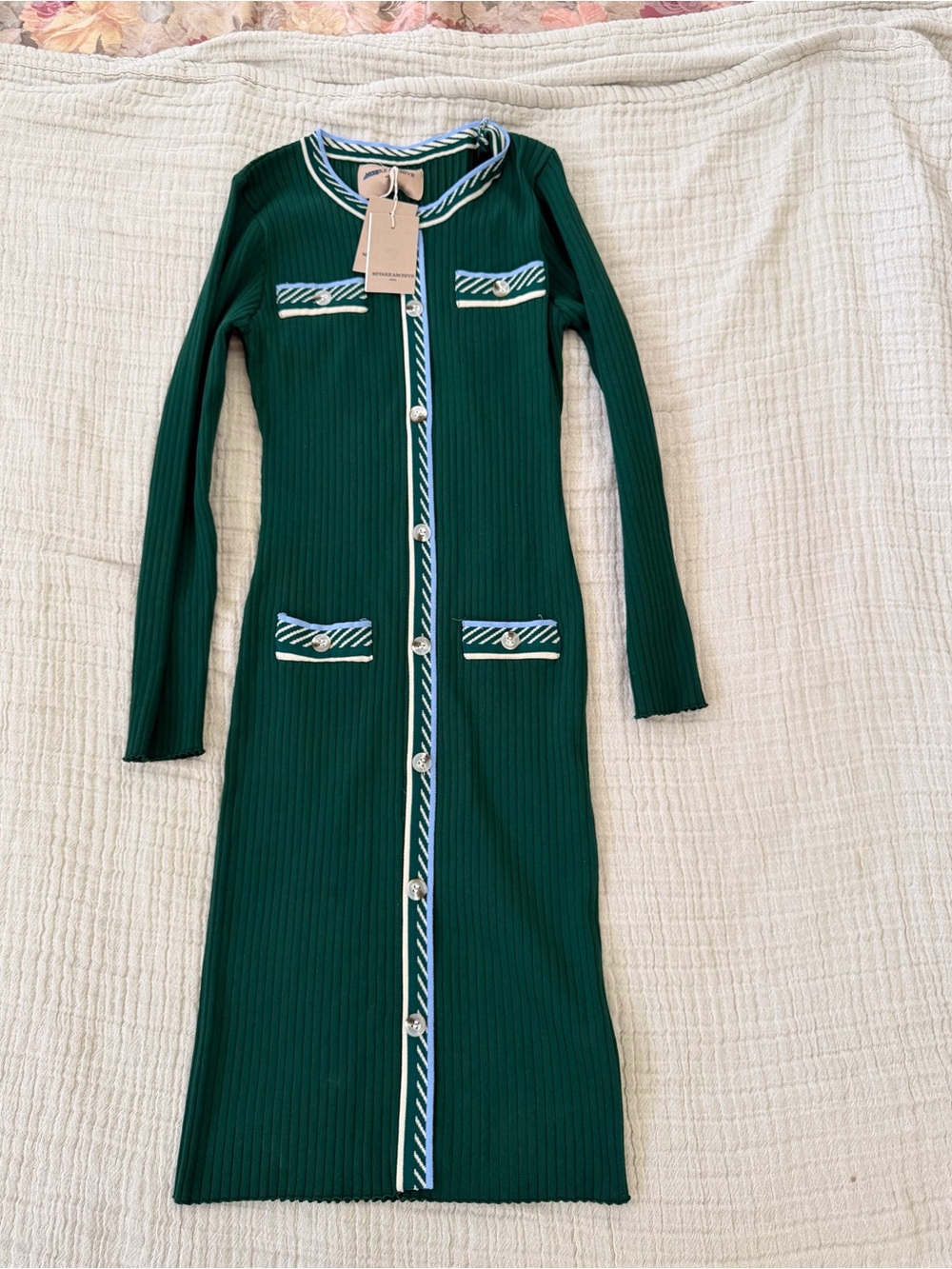 Issey Miyake Forest Green Ribbed Midi Dress with White & Navy Trim